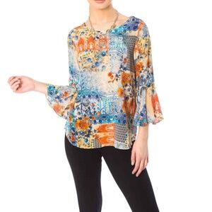 Tianello Trey Blouse in Scarlet Print 100% Washable Silk Sz XS